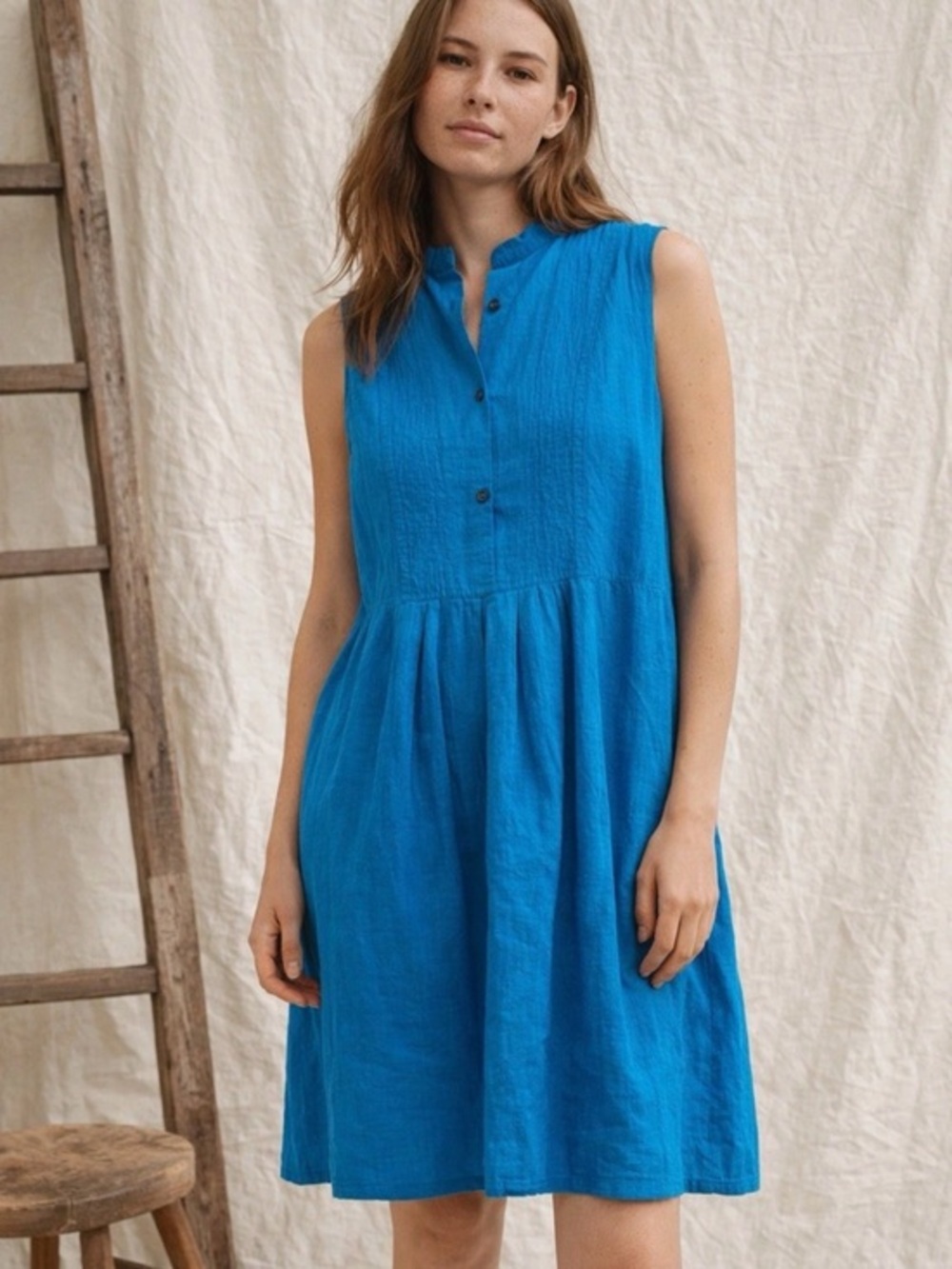 Khadi and co Bess Nielsen aqua blue cotton sleeveless dress